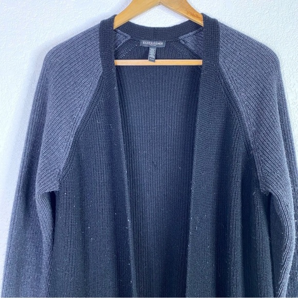 Eileen Fisher Black & Gray Knit Open Front Cardigan Sweater - Picture 2 of 7